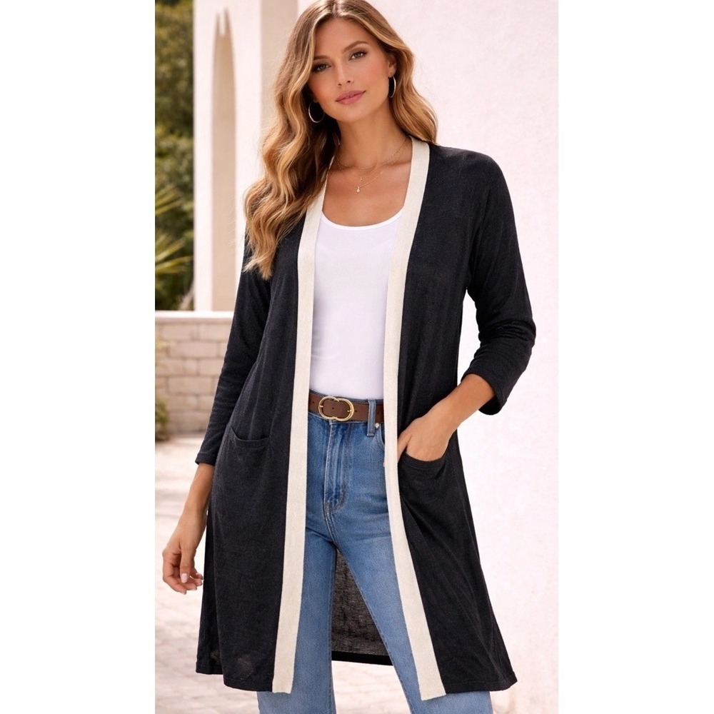 Talbots Linen Blend Duster Cardigan Sweater Black White Minimalist Coastal 1X